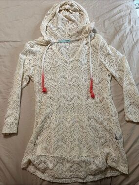 Maurices Cream Crochet Hooded Swim Cover-Up with Coral Drawstrings